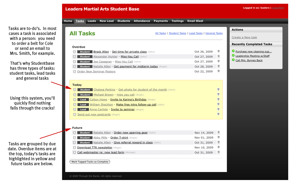 Student Task List Screenshot