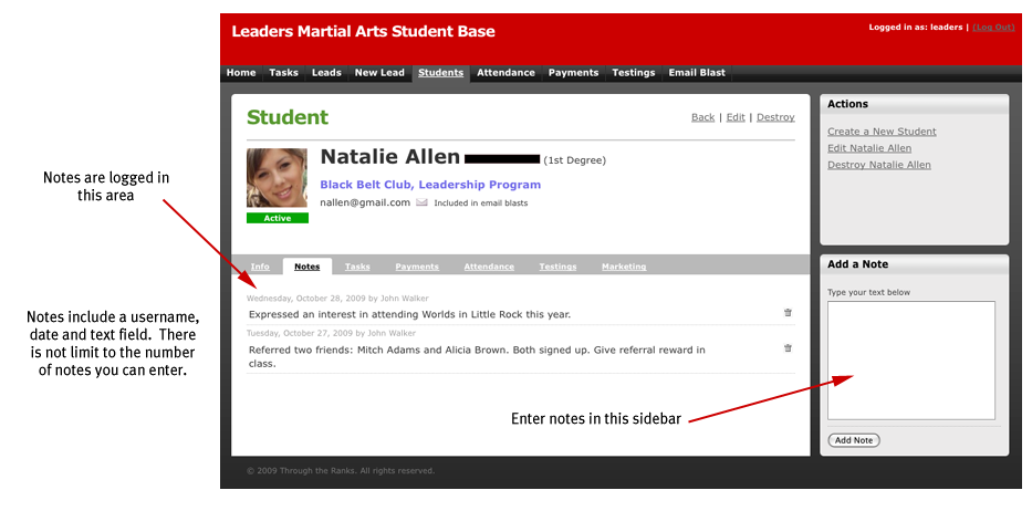 Student Detail (notes) Screenshot