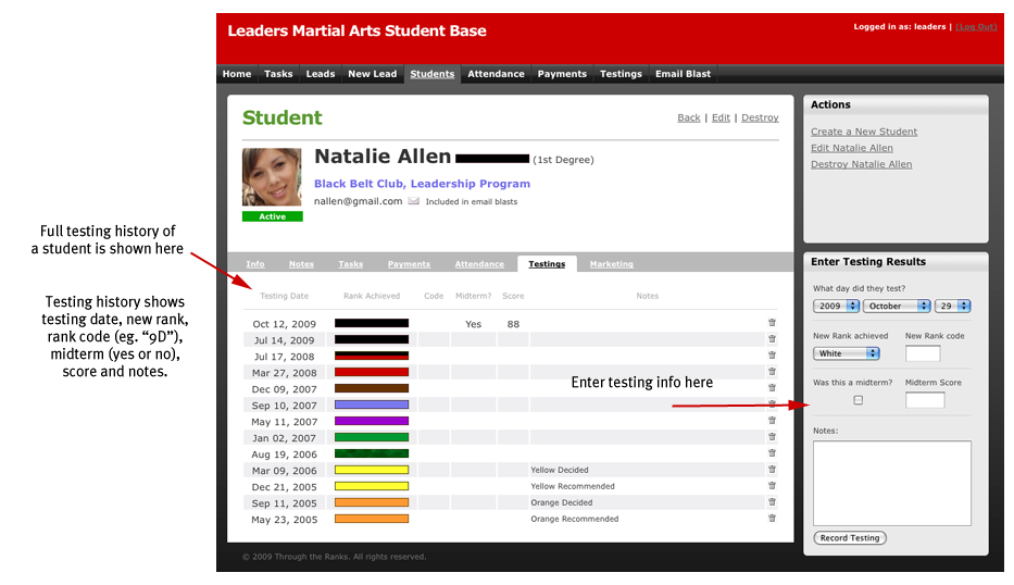 Student Detail (testings) Screenshot